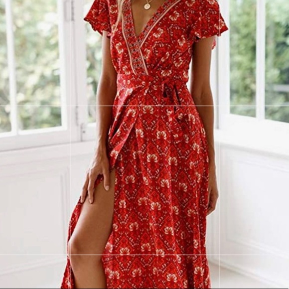 ZESICA Dresses & Skirts - ZESICA Women's Bohemian Floral Printed Wrap V Neck Short Sleeve Maxi Dress